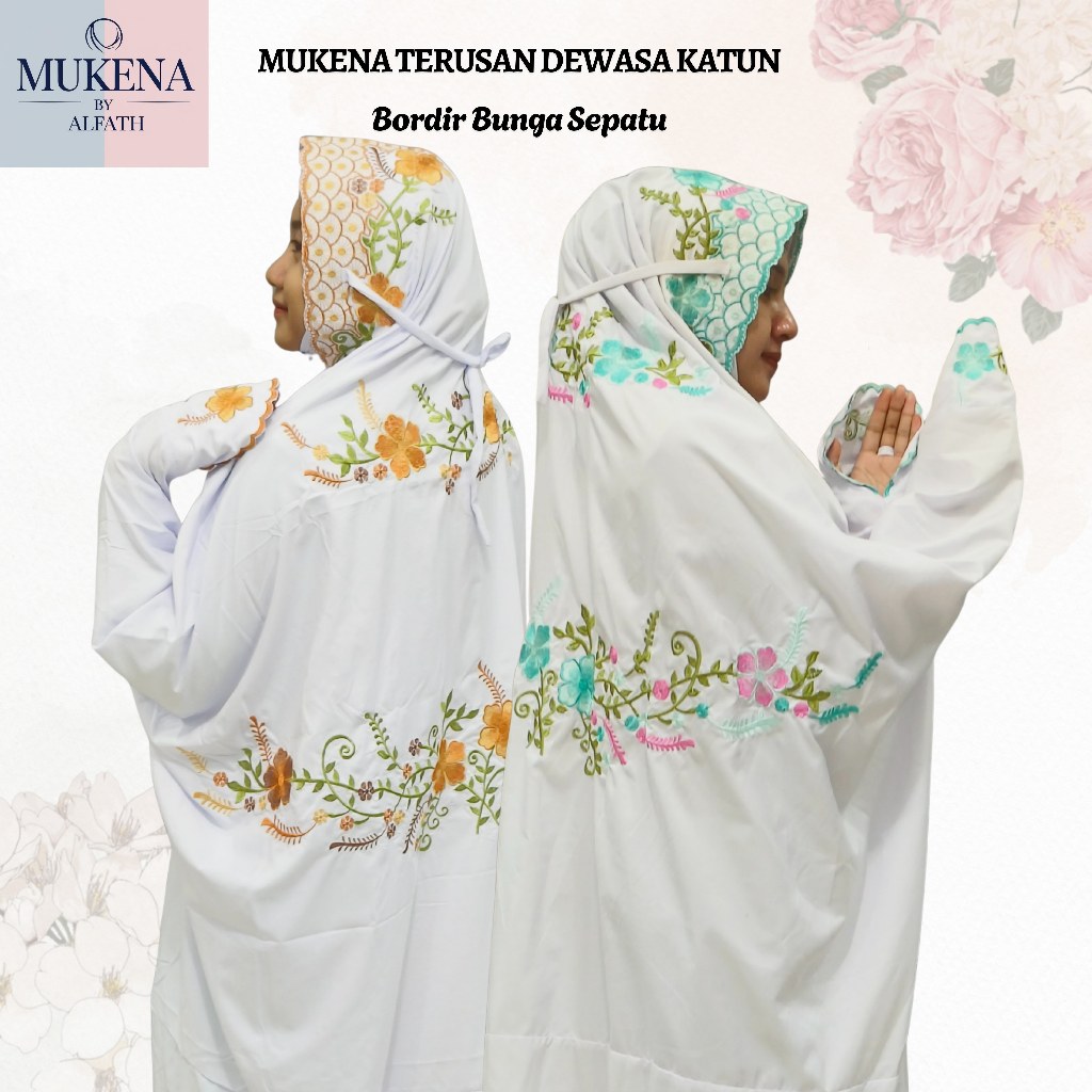 Mukena Terusan Dewasa Katun Mikro Super Soft Motif Bordir Bunga Sepatu indah