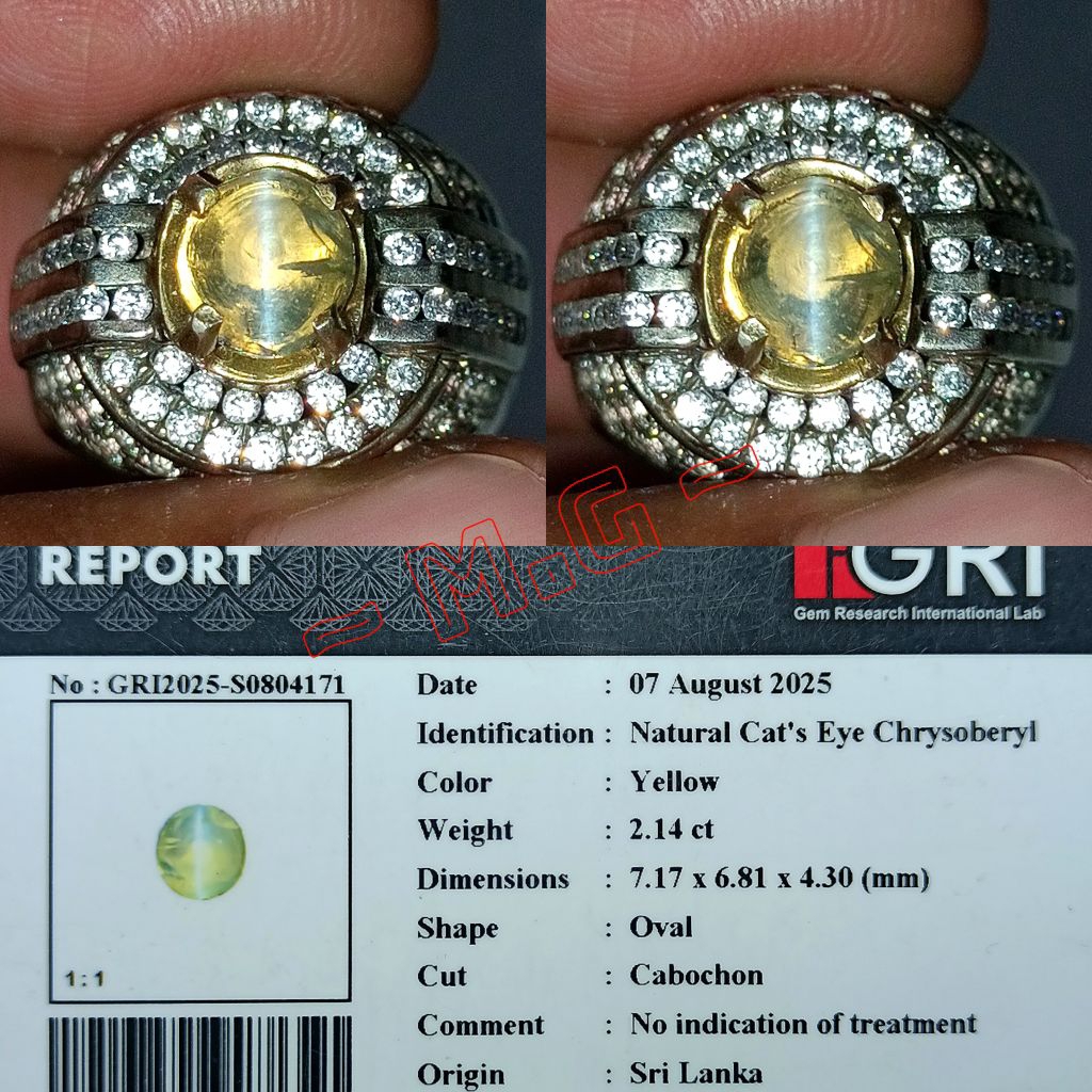 NATURAL CAT'S EYE CHRYSOBERYL SRILANKA PERAK HANDMADE MEMO GRI LAB