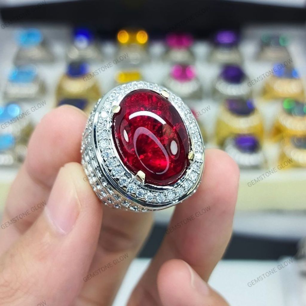 Cincin pria permata merah Siam/pecah seribu oval cabochon ring microset full Zircon