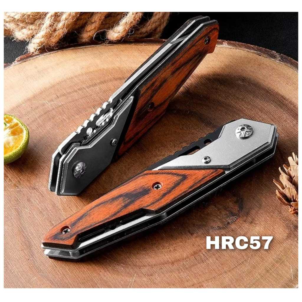Pisau Saku Lipat Stainless Steel Gagang Kayu - Bushcraft Outdoor Knife Alat Potong Camping
