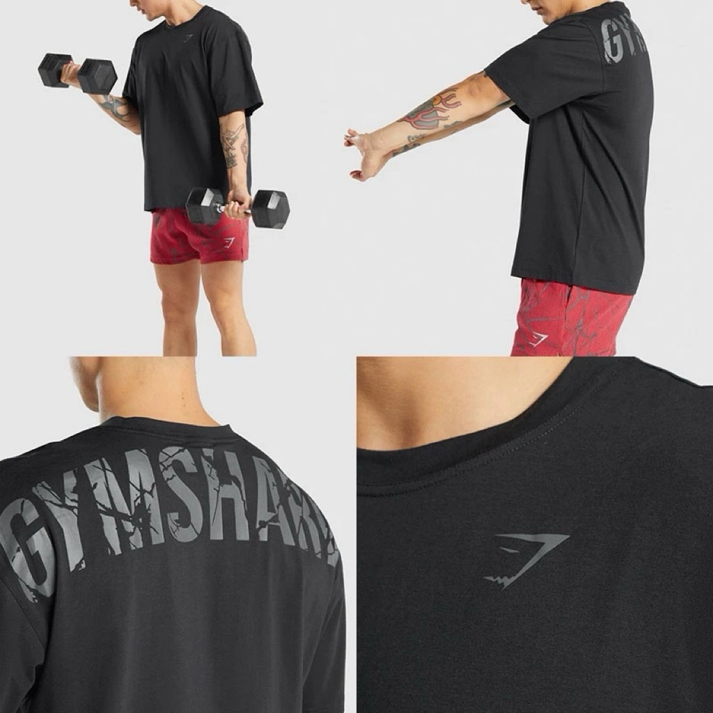Ready Stock GYMSHARK SHORT-SLEEVED FITNESS T-SHIRT CRACKED LETTERING TOP ATHLETIC LOOSE PLUS-SIZE RU