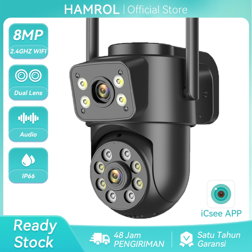 Hamrol 8MP Layar Ganda Kamera WiFi CCTV Warna Penglihatan Malam Luar Ruangan Camera Keamanan IP