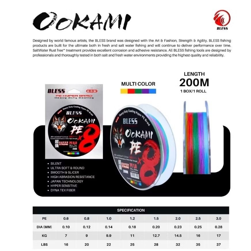 SENAR BLESS OOKAMI PE X8 (200meter)