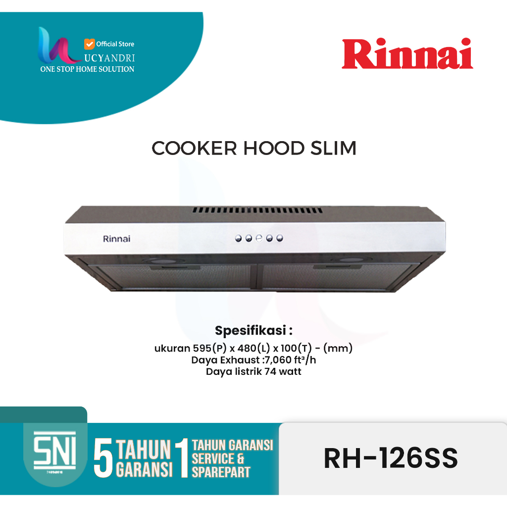Rinnai RH126SS Slim Cooker Hood | Alat Penyedot Asap | Cocok untuk Dapur Modern | Hemat Listrik
