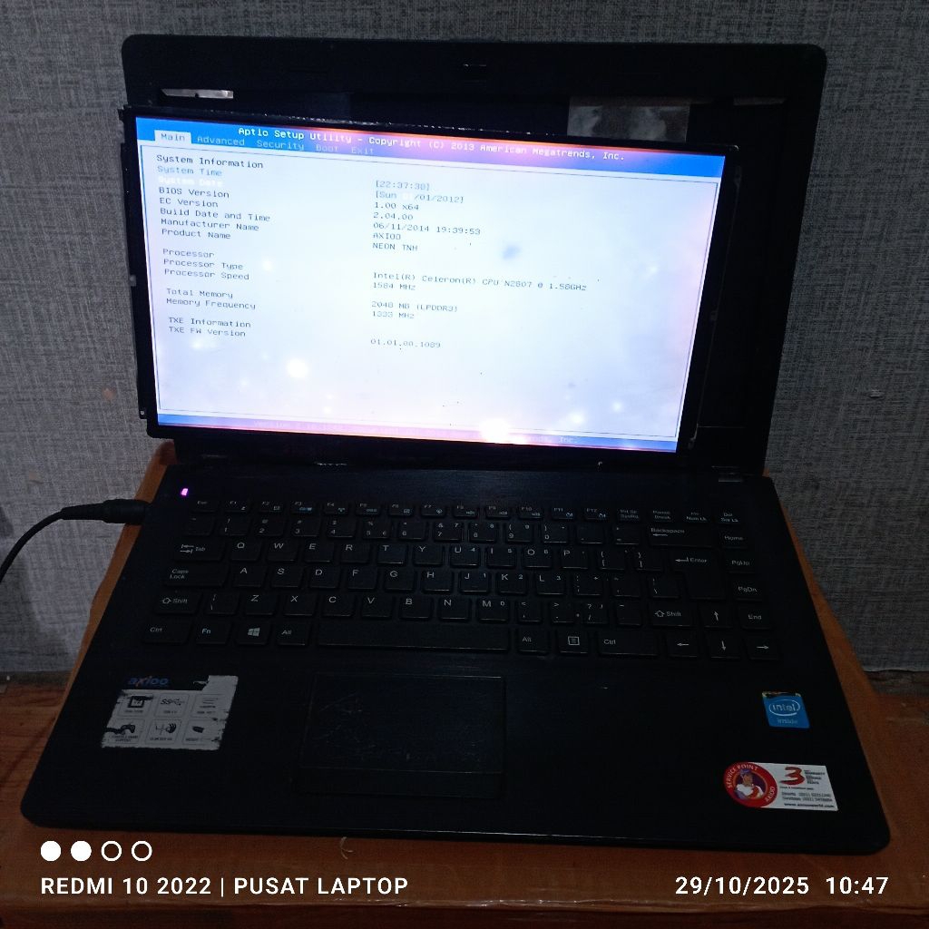 Moderbort Laptop Axioo neon TNN prosesor Intel inside Ram2gb DDR3 HDD320 mesin Normal tested casing 