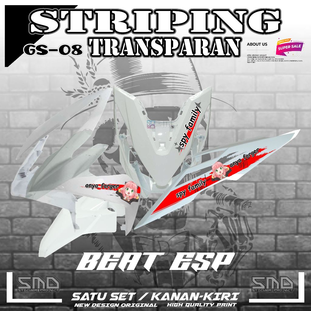 STICKER STRIPING TRANSPARAN MOTOR HONDA BEAT ESP 2016 KARAKTER ANYA GS01