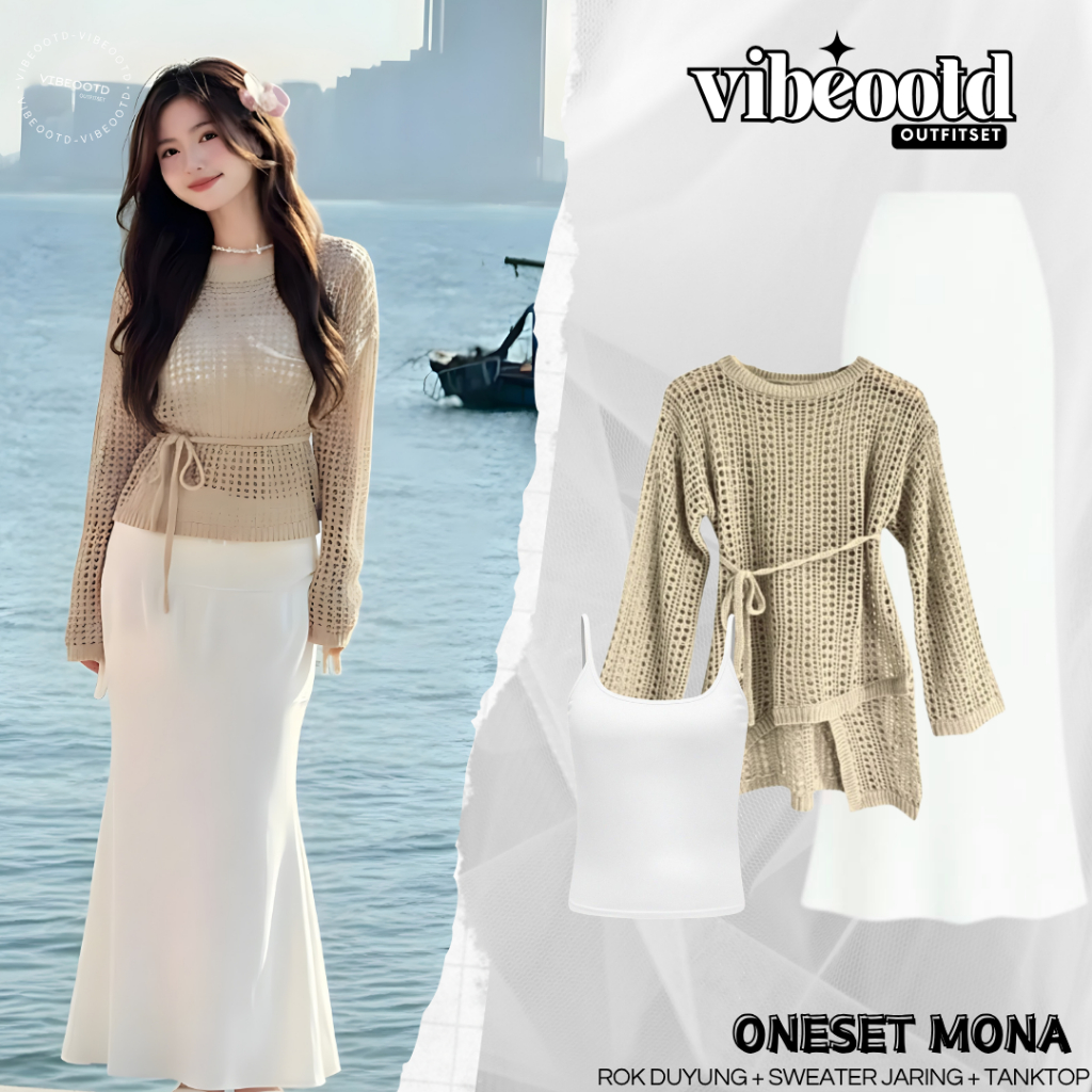 Mona Outfit Set Wanita ( Rok Duyung + Sweater Yuruma Knit + Tanktop )  Ootd Hangout Pantai Aesthetic