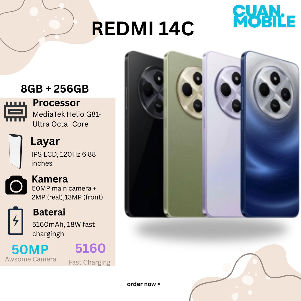 HP XIAOMI REDMI 14C RAM 8+256GB NFC Smartphone Android GARANSI