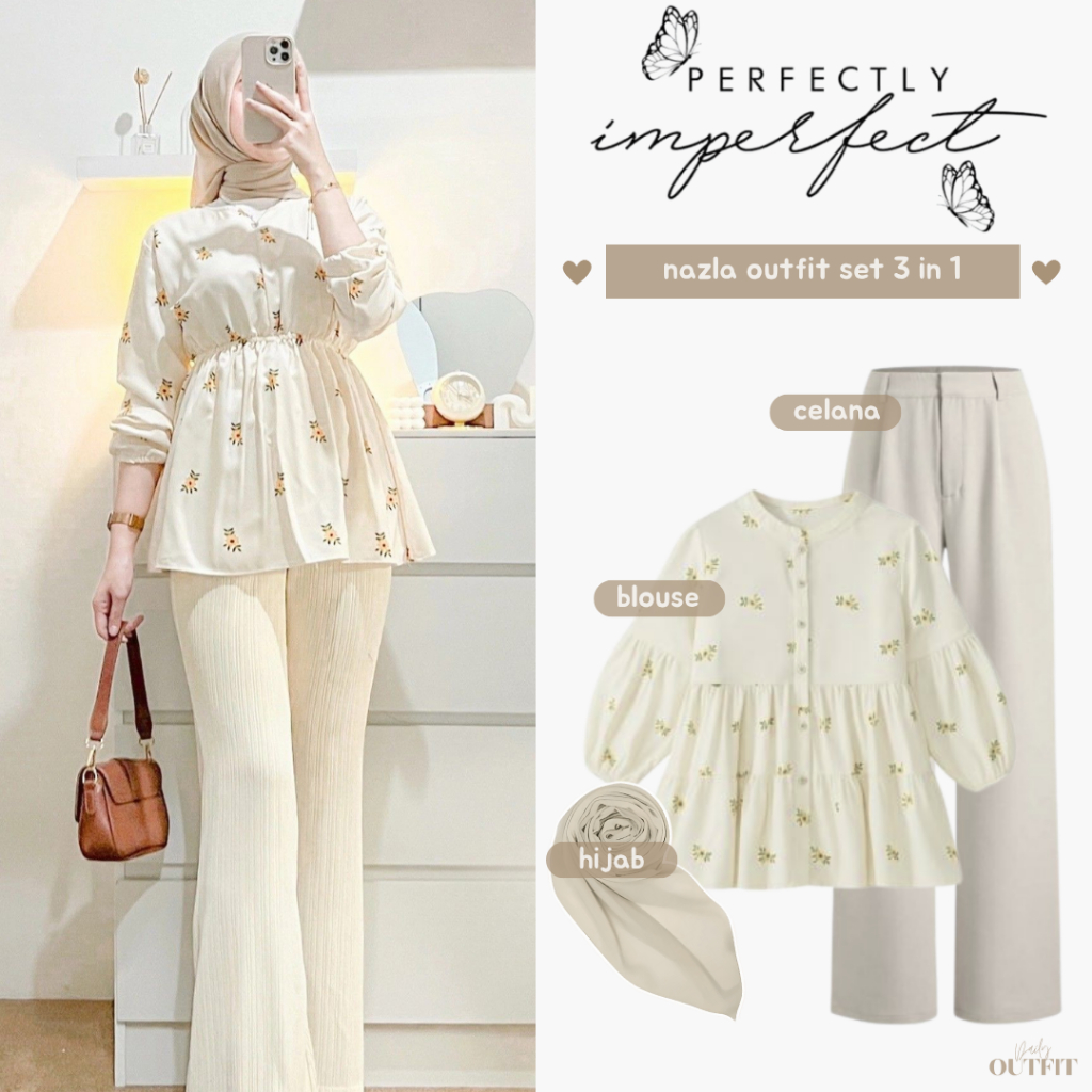 Outfit Wanita Kekinian ( Blouse Bunga + Celana Kulot + Bella Square ) Nazla One set OOTD Casual