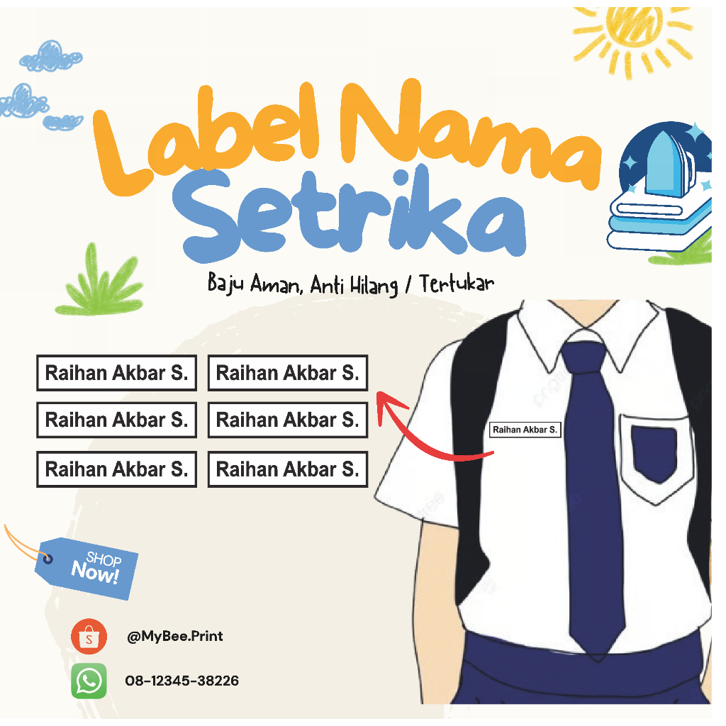SEHARI JADI Sticker Label Nama Baju (BET) Label Printing Kain (Label DTF Ditempel pakai Setrika)