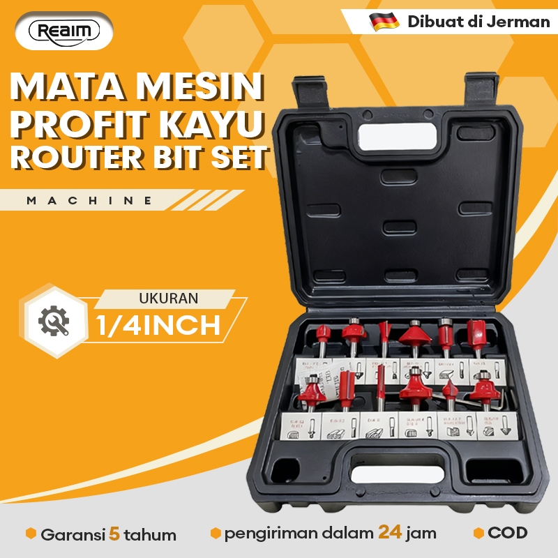 REAIM Bor Baterai Mata Router Set 12pcs Mata Trimmer Set Router Bit Set Mata profil ukir kayu trimer