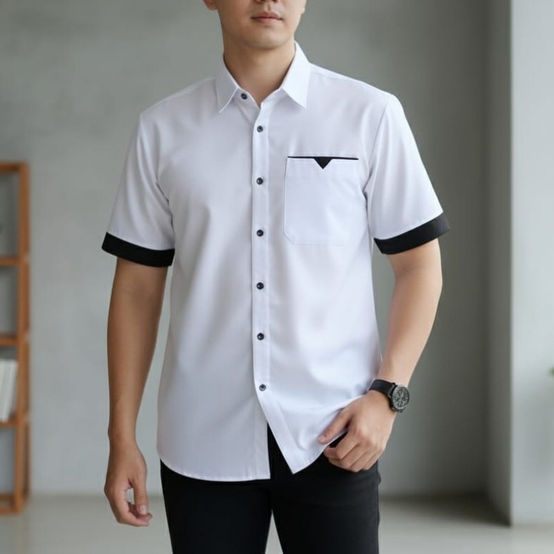 Oplain Hem Pria Lengan Pendek Kemeja Putih Polos Slimfit Katun Kombinasi Hitam