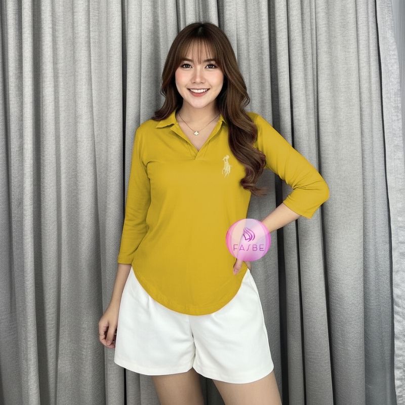 Kaos Polo Bordir Kerah V Neck Lengan Panjang 7/8 - Atasan Wanita Oversize Baju Kerah Wanita 8006