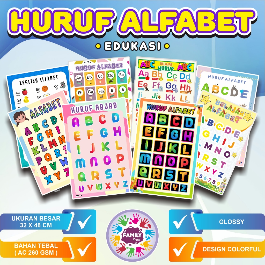 Poster Edukasi HURUF ABJAD ALFABET - Poster Huruf Alfabet -Belajar mengenal HURUF ABJAD ALFABET