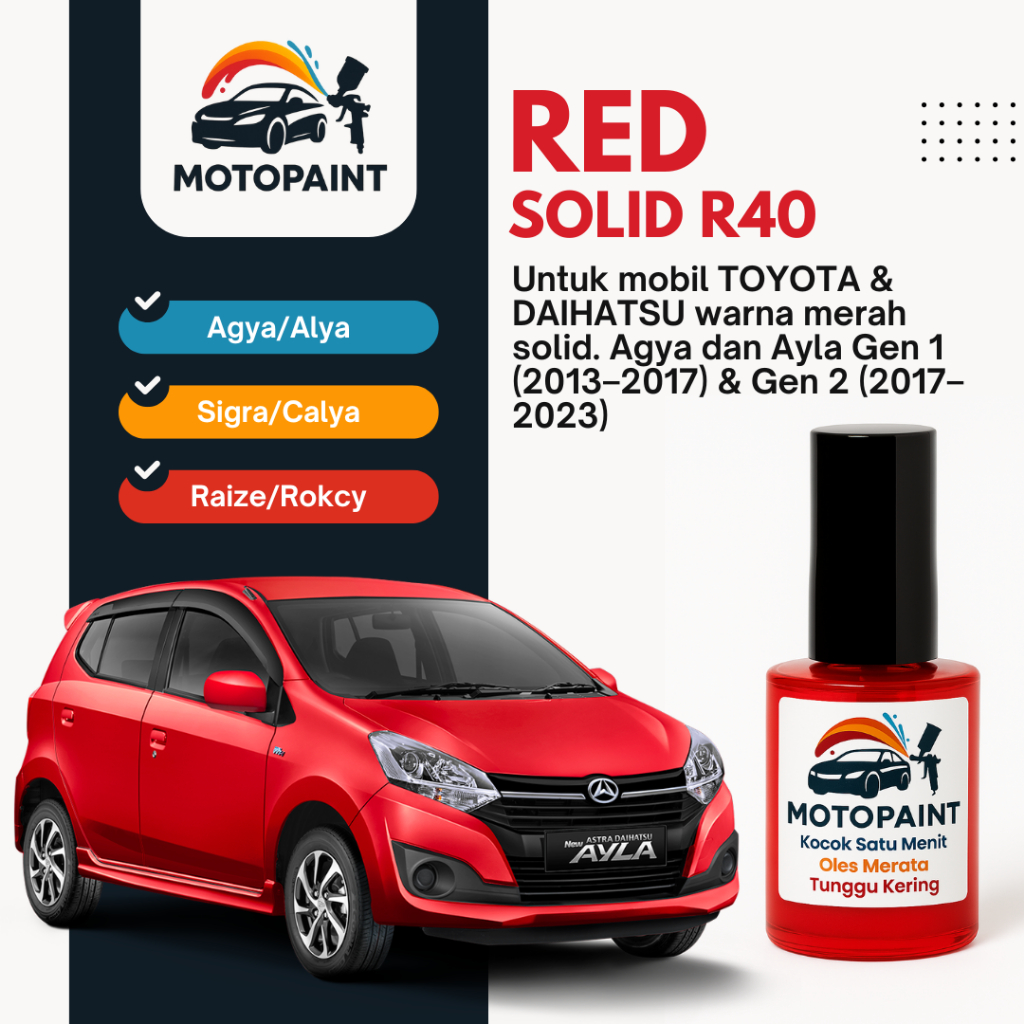 Cat Oles Mobil – Cat Baret Mobil – Touch Up Paint Red Solid R40 Toyota Agya dan Ayla 2013-2023 Warna