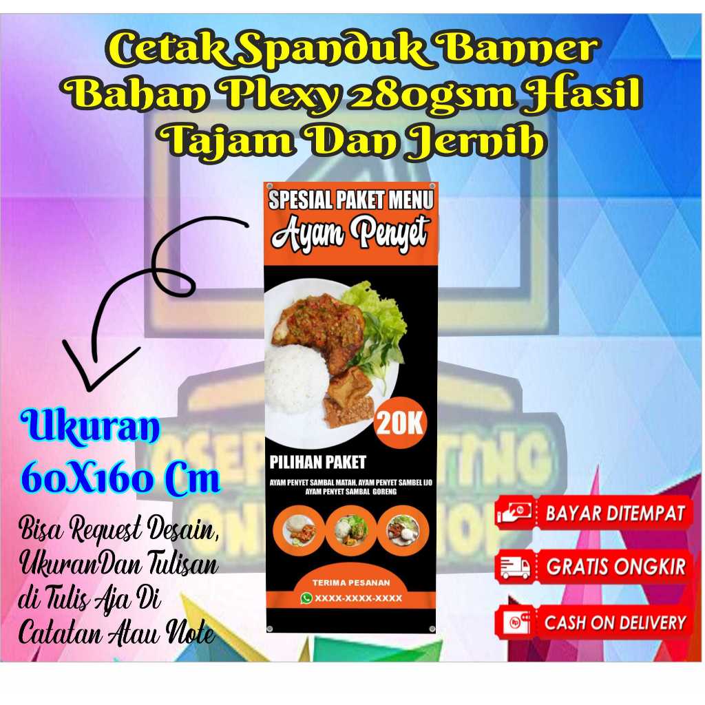 PRINT CETAK SPANDUK BANNER 60X160 MENU SPESIAL AYAM PENYET CUSTOM DESAIN BAHAN TEBAL