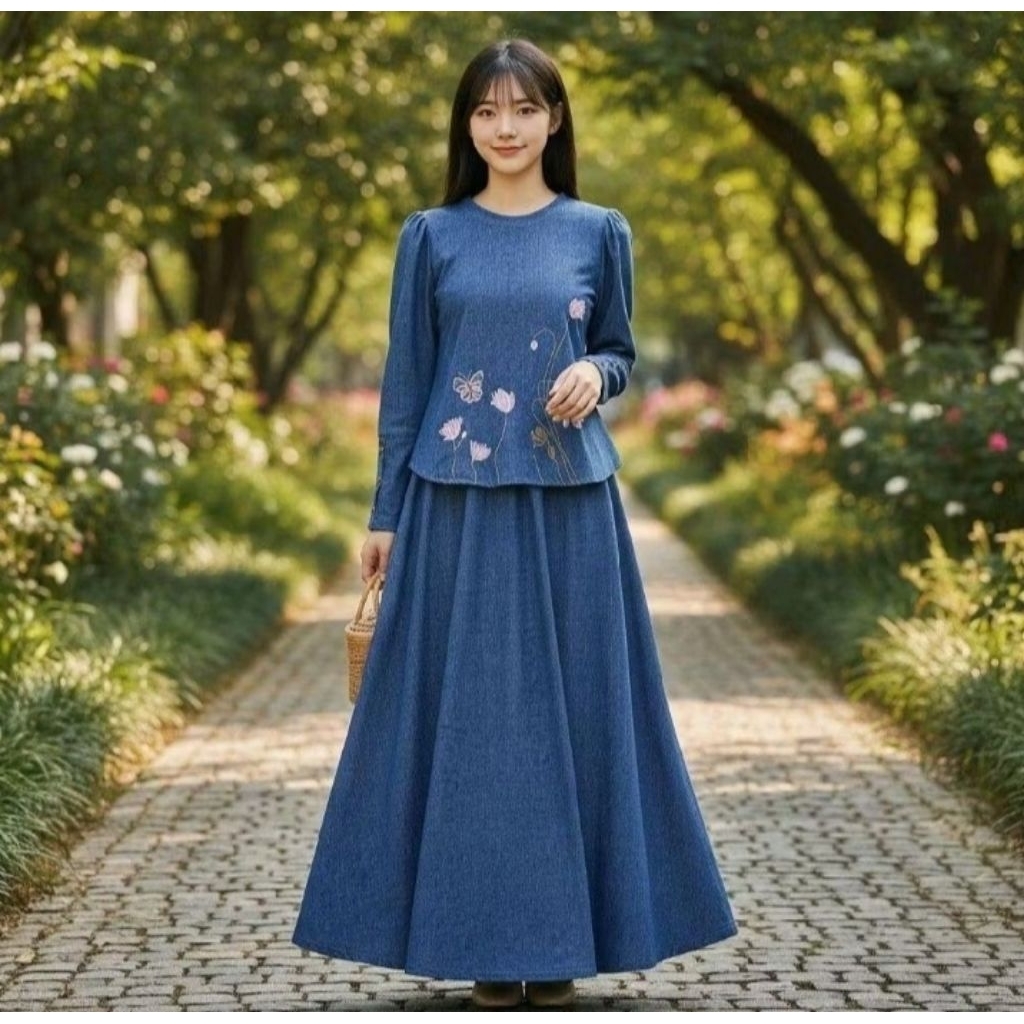 Baju Setelan Wanita Rok Bordir Tulip Denim