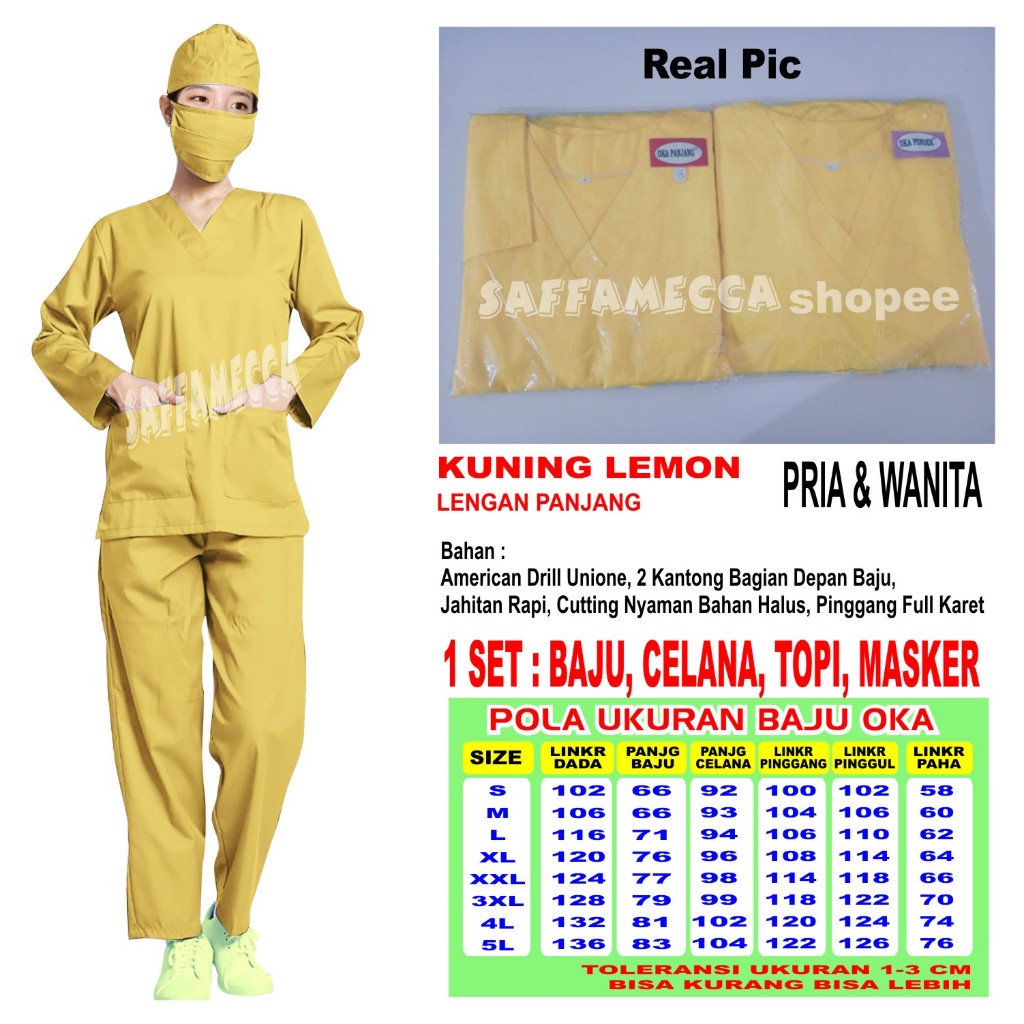Baju Ok Doctors Jaga  Kuning Lemon Oka Dokter Perawat Medis Bidan Nakes Stelan Scrub Lengan Panjang