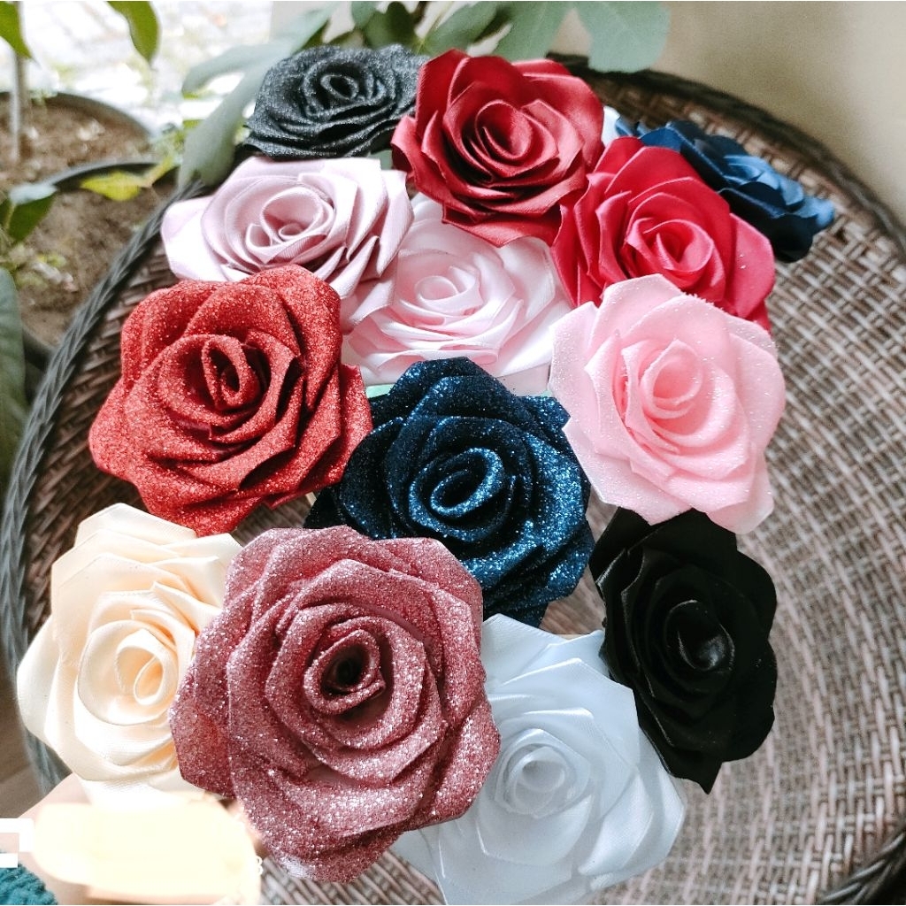 (1pc)sudah bertangkai bunga pita satin 8cm/ mawar lipat/ bunga mawar satin