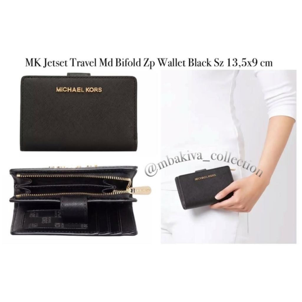 MK Jet set Travel Md Bifold Zp Wallet Black
