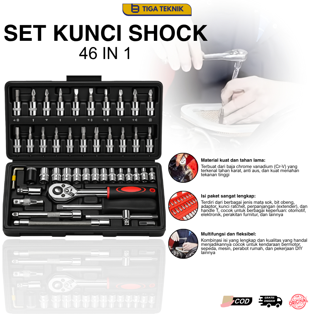 Set Kunci Shock 46 in 1 Lengkap Komplit Obeng Pas Socket Ring Tool Kit Alat Servis Mobil Motor