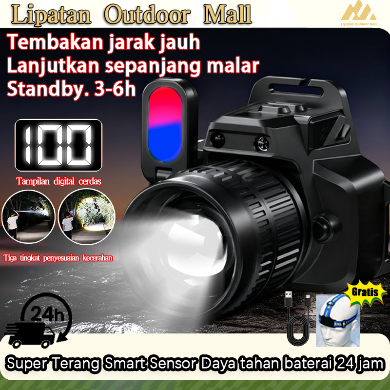 Super Terang 5000 Lumen/Sorot 6 Mode Cahaya Lampu WITH SENSOR TANGAN  HEADLAMP CAS ZOOMABLE  Zoom La