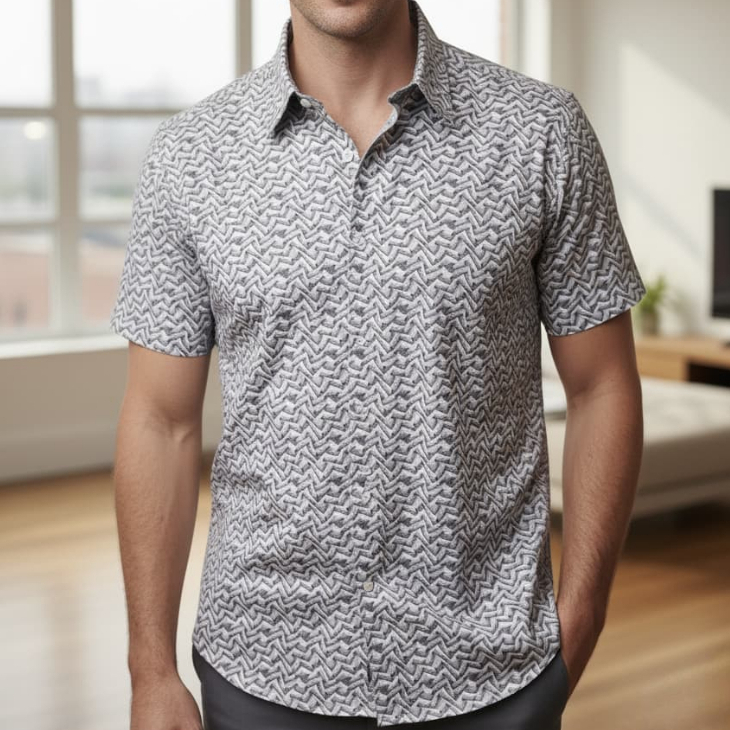 KEMEJA GQ 56252025/11  PENDEK REGULER FIT / RELAXED FIT MOTIF PUTIH ABU MUDA