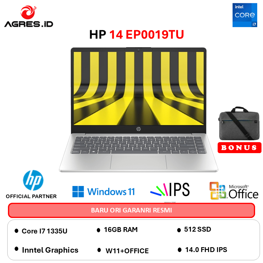 HP 14 I7 1355  - RAM 16GB 512GB W11+OHS 14.0FHD IPS BLIT FP - EP0018TU - EP0019TU