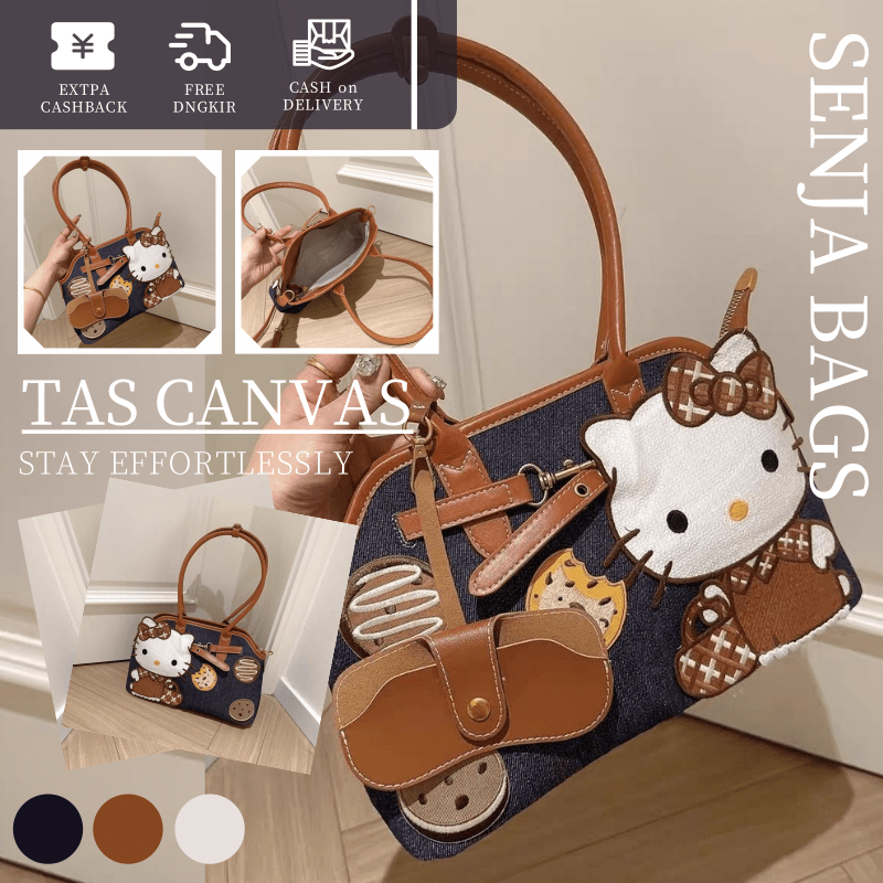 Tas Selempang Hello Kitty Denim Retro Tote Bag Kartun Lucu untuk Wanita Desain Vintage & Trendy Tas 