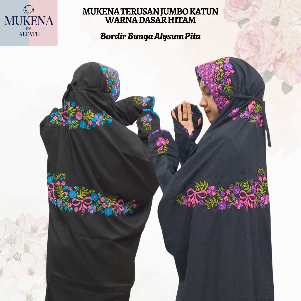 Mukena Terusan Jumbo Dewasa Katun Mikro Super Soft Kain Hitam Motif Bunga Alysum
