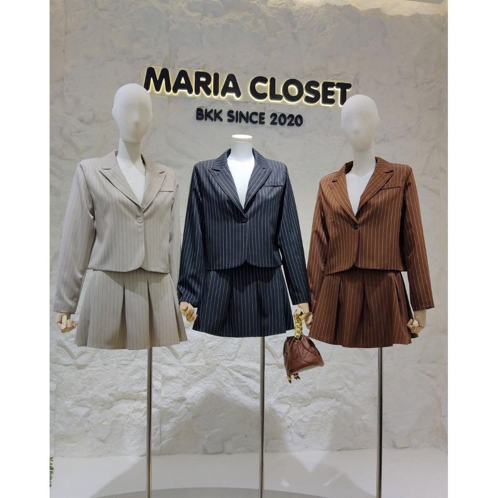Maria Closet Setelan Blazer Wanita One Set Korean Look | Blazer Rok Garis Elegan Outfit Kantor Casua