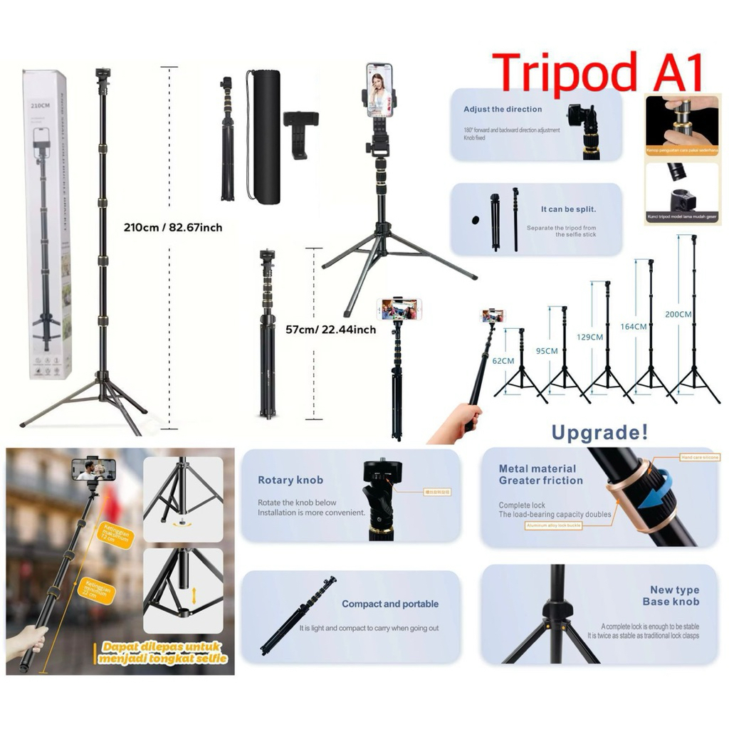Tripod Tongsis 2in1 A1 Panjang 2.1meter Lipat Bahan Kuat Selfie Sepuasnya