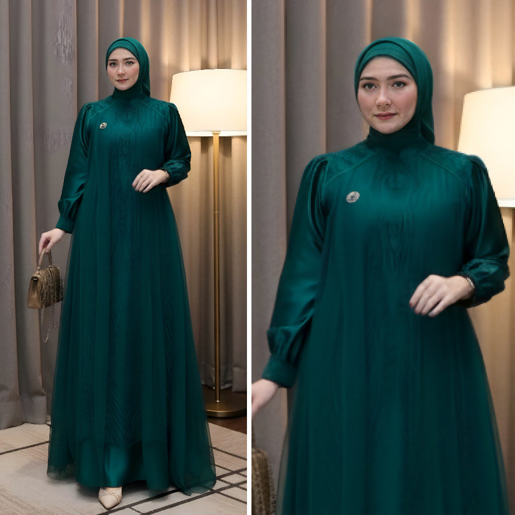 Gamis Pesta Elegan emerald Hijau Botol Maxi Dress Velvet mix Tile Premium Syari Baju Kondangan baru