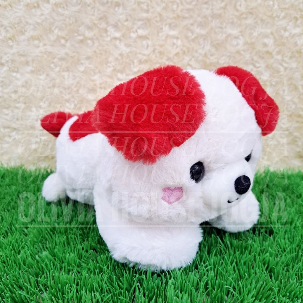 Boneka Anjing Cream Merah Tiduran Boneka Lying Anjing Merah Pipi Pink Boneka Doodle Dog Merah
