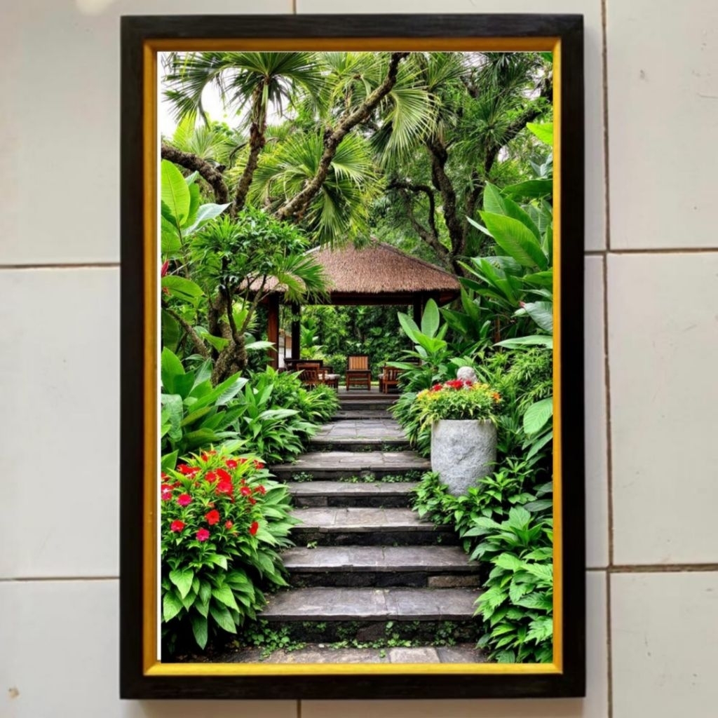 Hiasan dinding lukisan Cetak gambar pendopo taman bunga plus bingkai ukuran 65cmx45cm