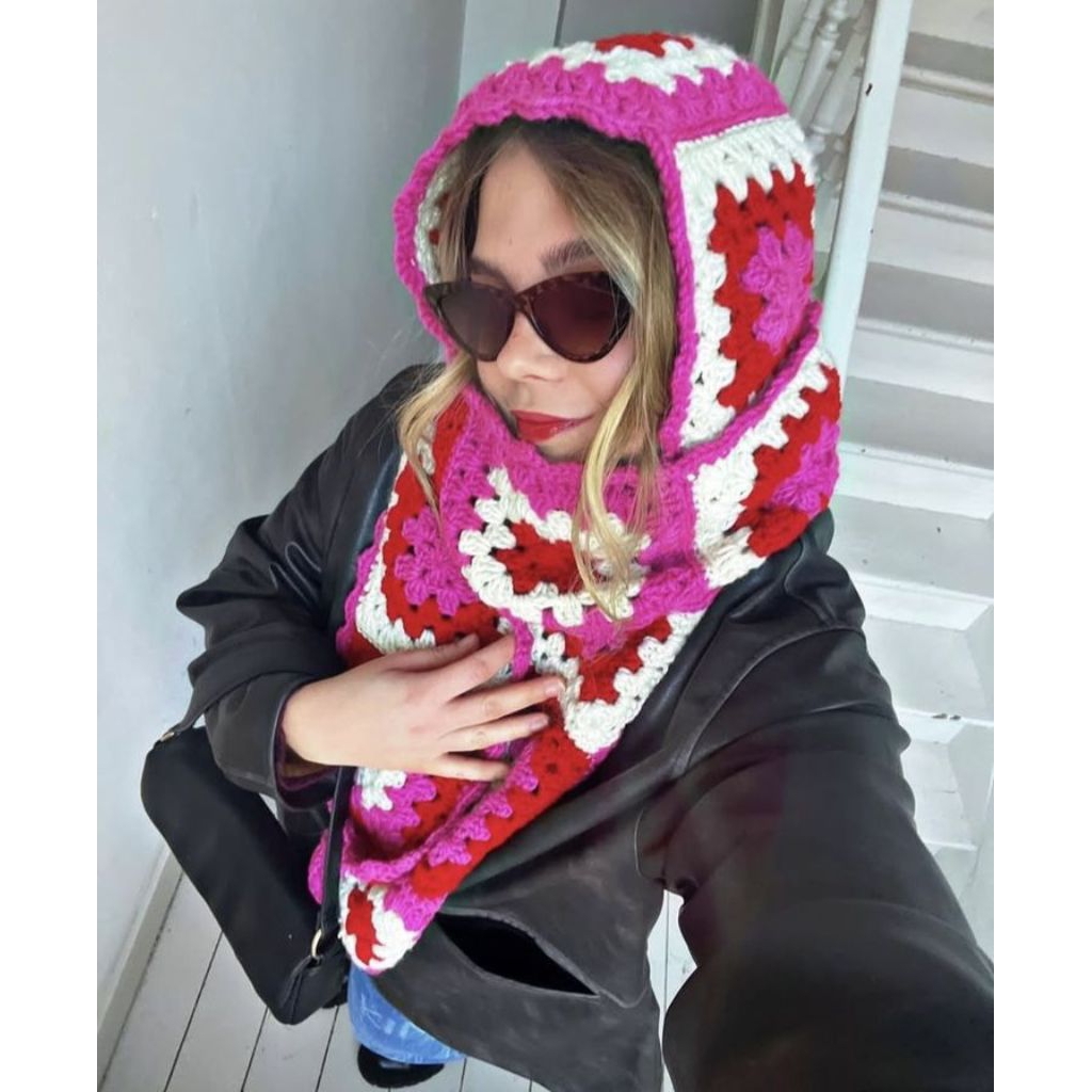 syal rajut granny - Hoodie scarf crochet - syal rajut berhoodie - sual rajut custom