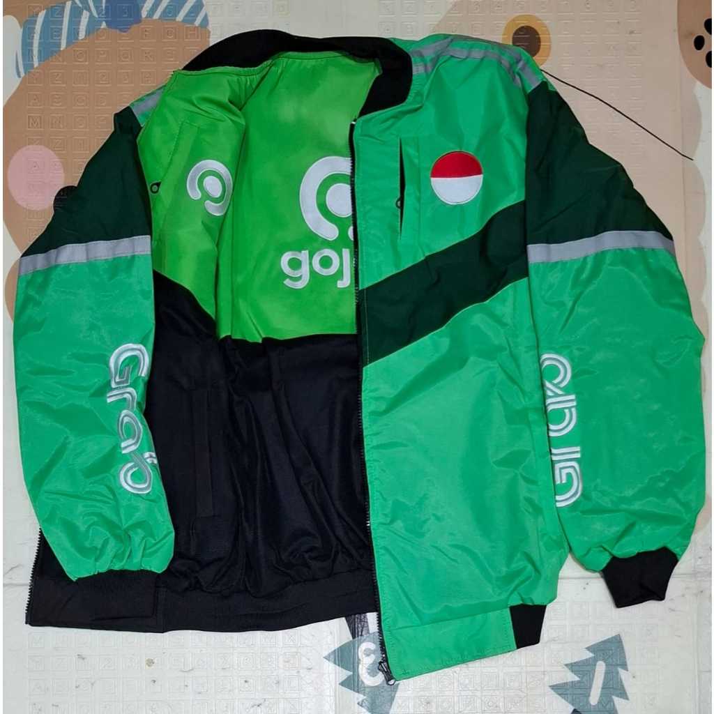 jaket grab ori gojek setengah hitam keren bordir anti air  real pict murah