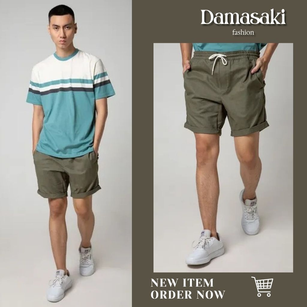 Damasaki Short Pants Men Drawstring Slub Celana Pendek Pria Olive