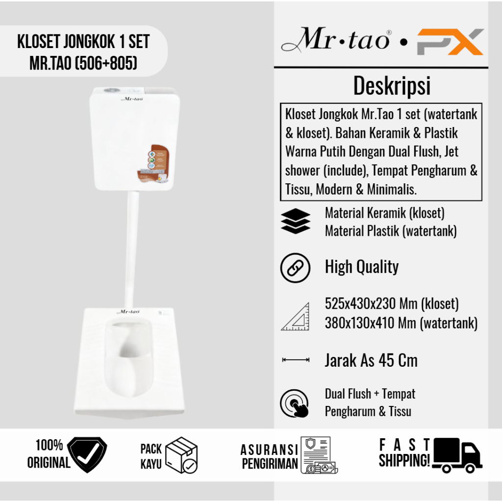 1'Set Closet jongkok flush + Tangki Air / kloset flush Mr.Tao 506 Free Packing Kayu