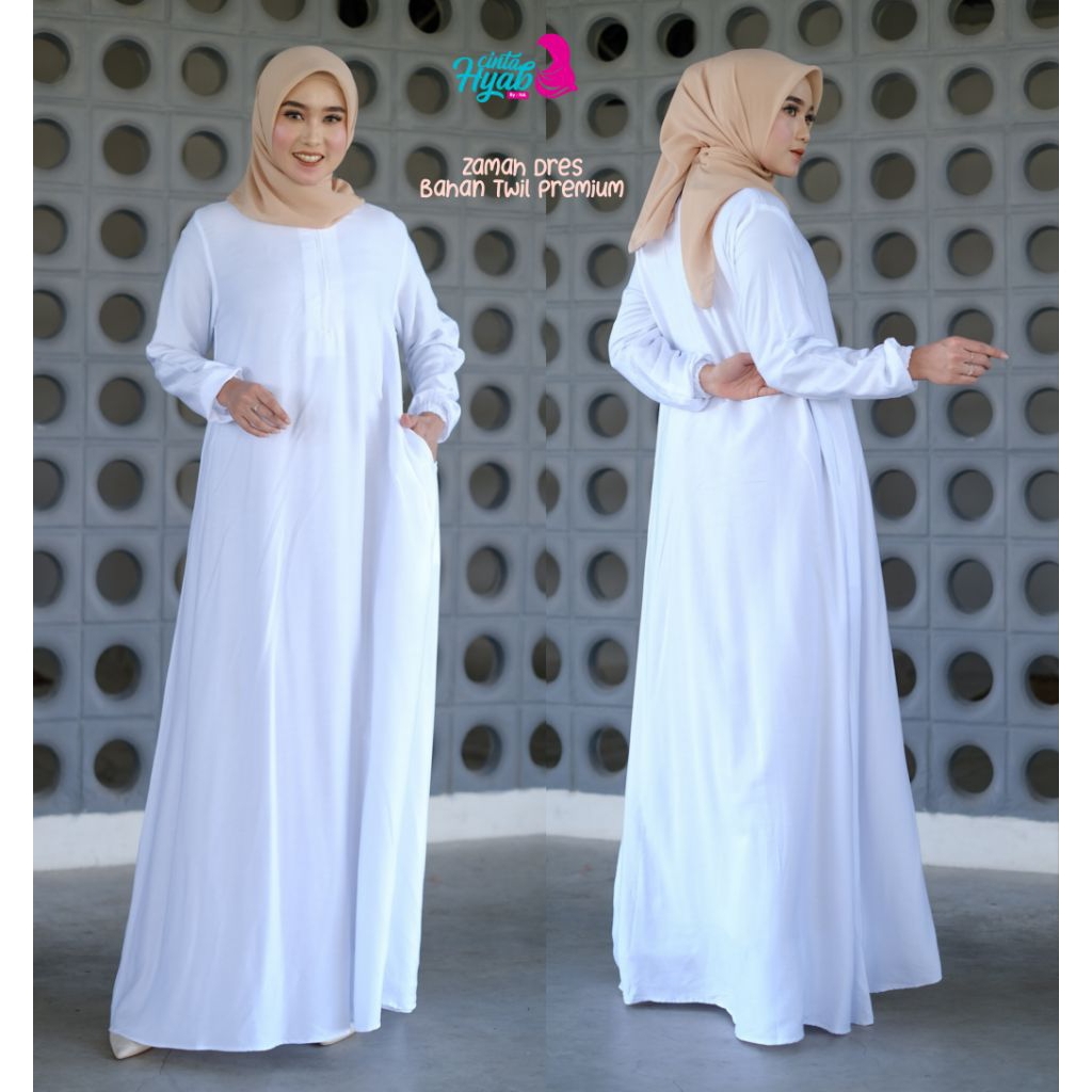 Gamis Dress Umroh Putih Hitam Polos katun Rayon Twill Busui Friendly