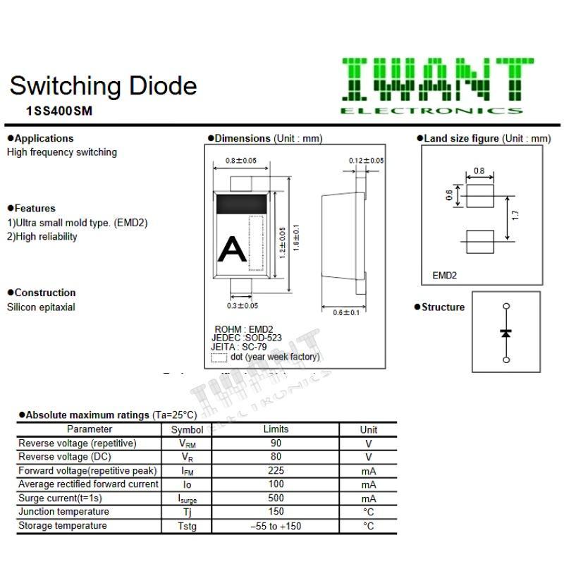 DIODA SWITCHING 1S400SM 90V 225mA SOD-523 SMD CODE A CODE MARKING A DIODA ZENER 90V 225mA