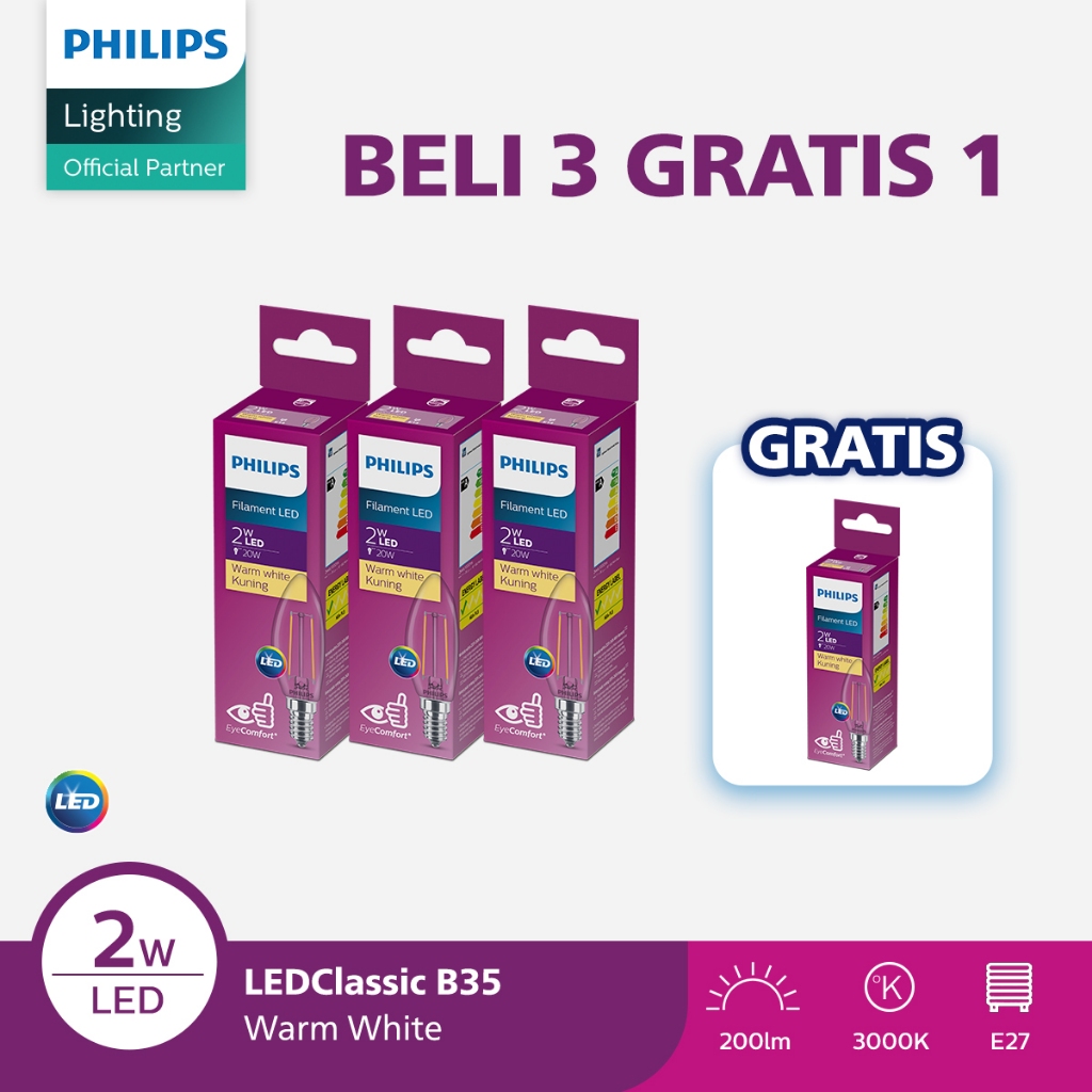 Beli 3 Gratis 1 Lampu Philips Filament Bohlam LED 2W B35 E14 Kuning
