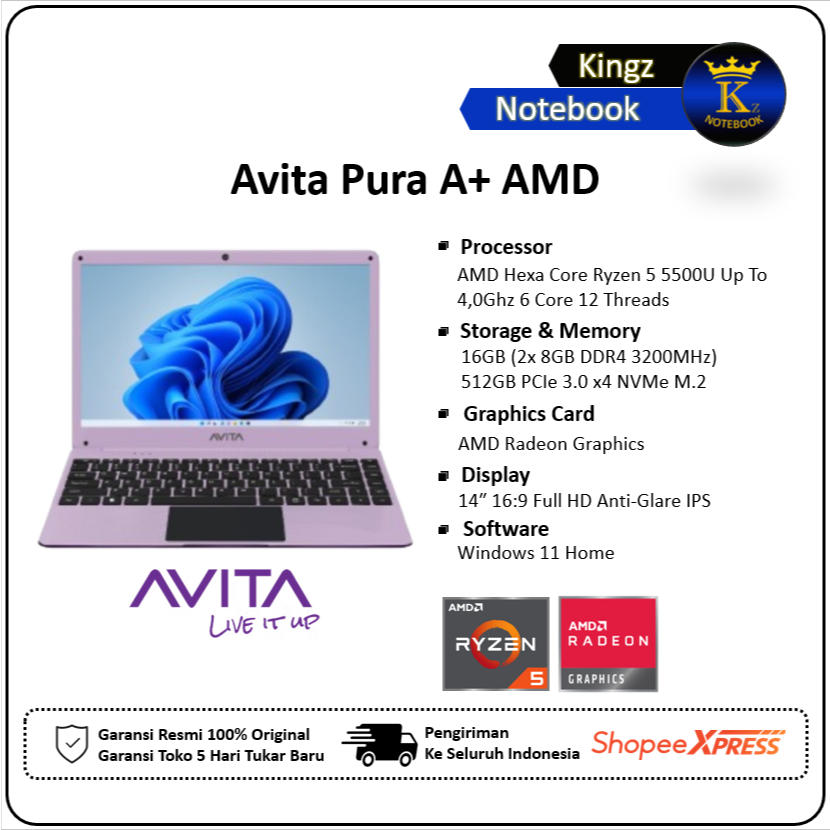 Avita Pura A+ Ryzen 5 5500U 16GB 512GB Win11 14" FHD IPS