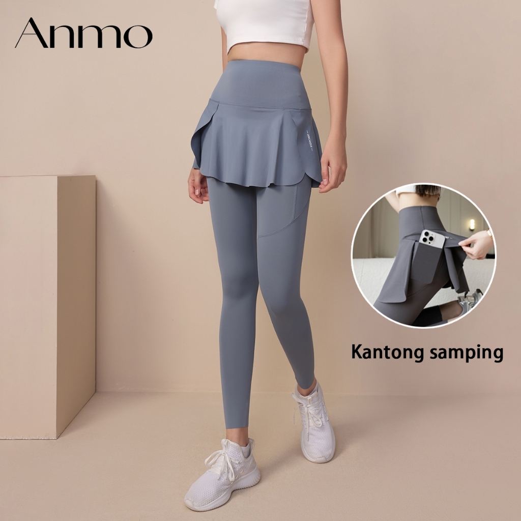 ANMO-Celana panjang olahraga wanita model 2IN1, high waist, Tidak menerawang , cocok untuk lari, fit