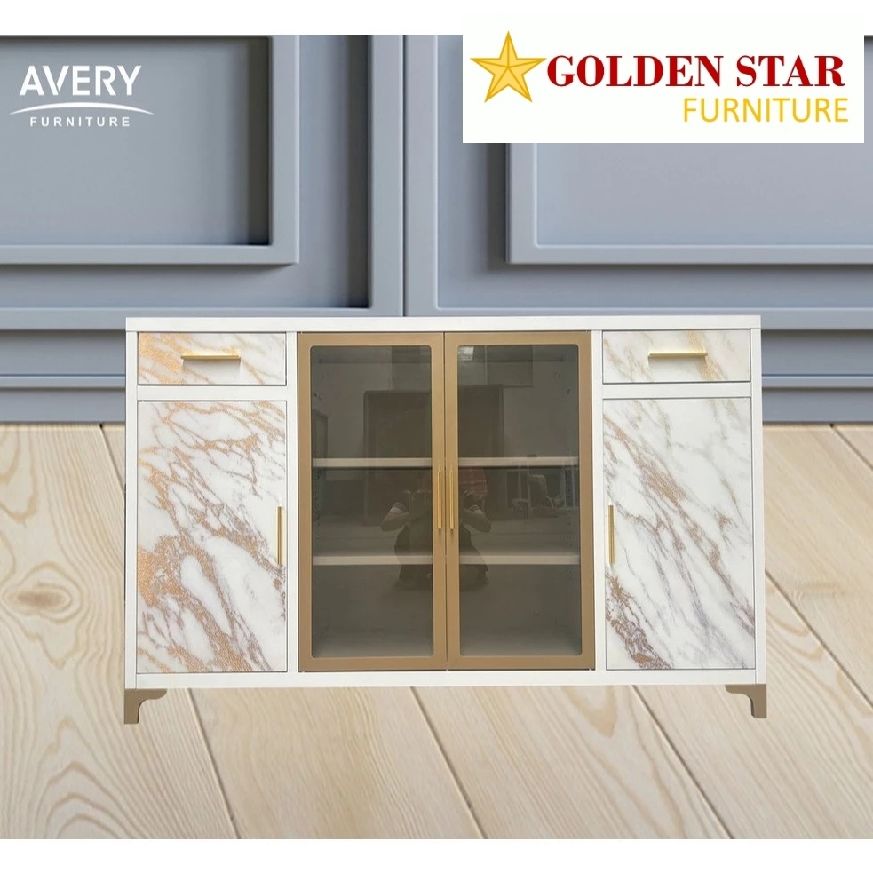 Buffet Pendek Besi Avery HST 4 Pintu Marble / Sideboard Meja TV Metal Kabinet Credenza