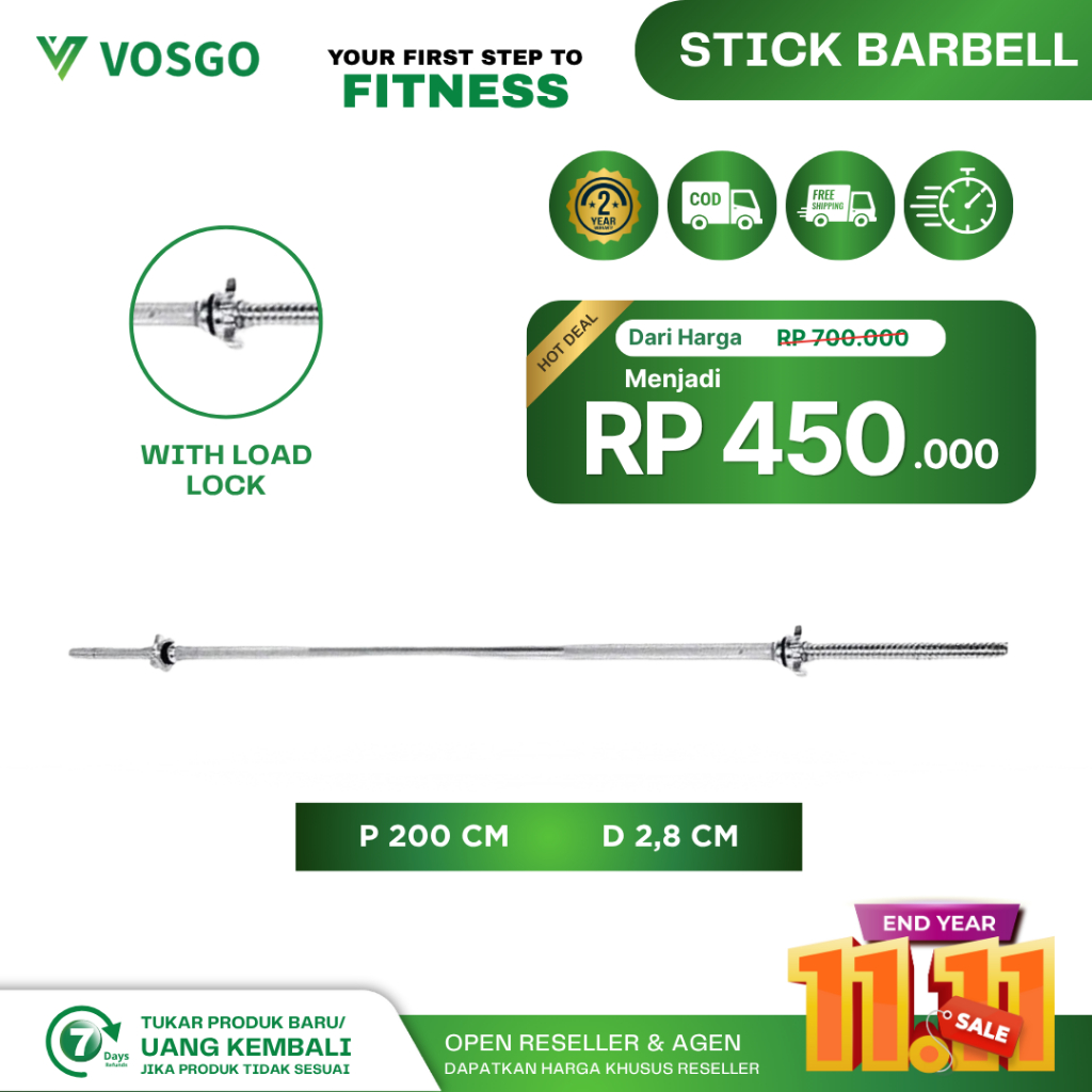 VOSGOFITNESS Stik Barbel Lurus Solid Chrome Straight Bar Stick Fitness Gym Panjang 2 m Diameter 2.8c