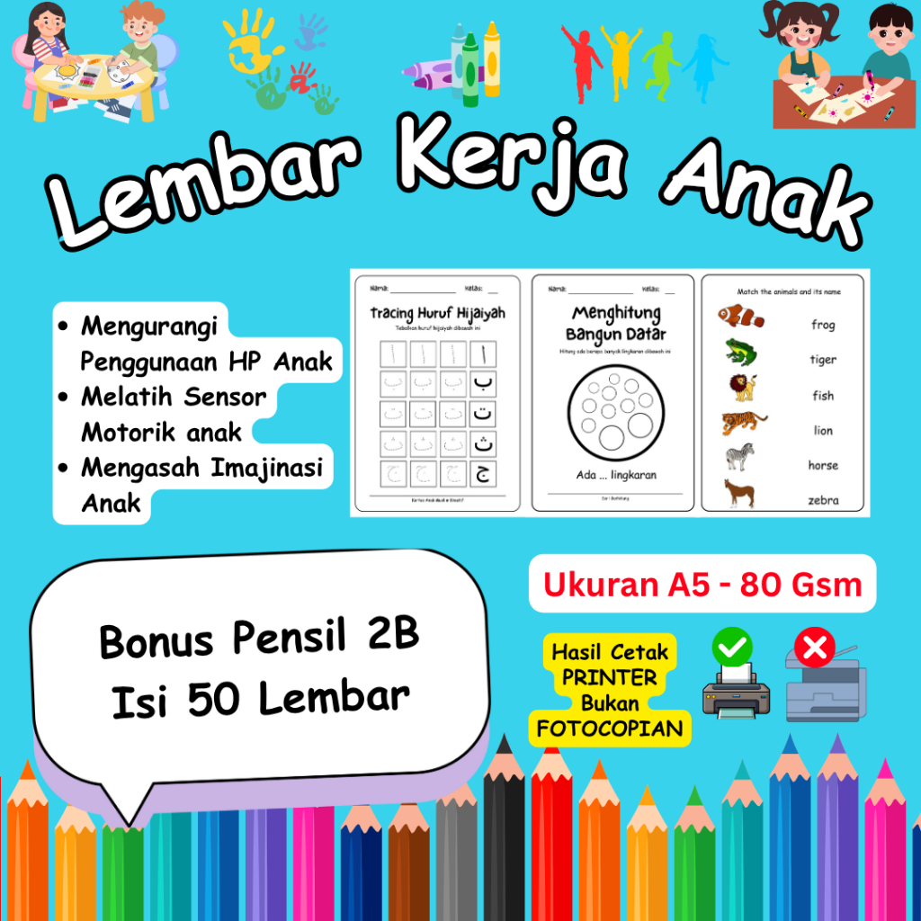 50 Lembar Worksheet /Lembar kerja anak hijaiyah/ latin/Bahasa inggris/anak TK/SD bonus pensil 2B