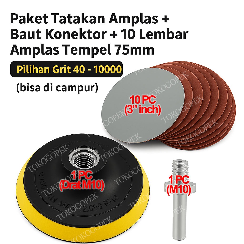 PAKET TATAKAN AMPLAS 3" INCH + BAUT KONEKTOR M10 + 10 LEMBAR AMPLAS ( Grit 40 - 10000 )