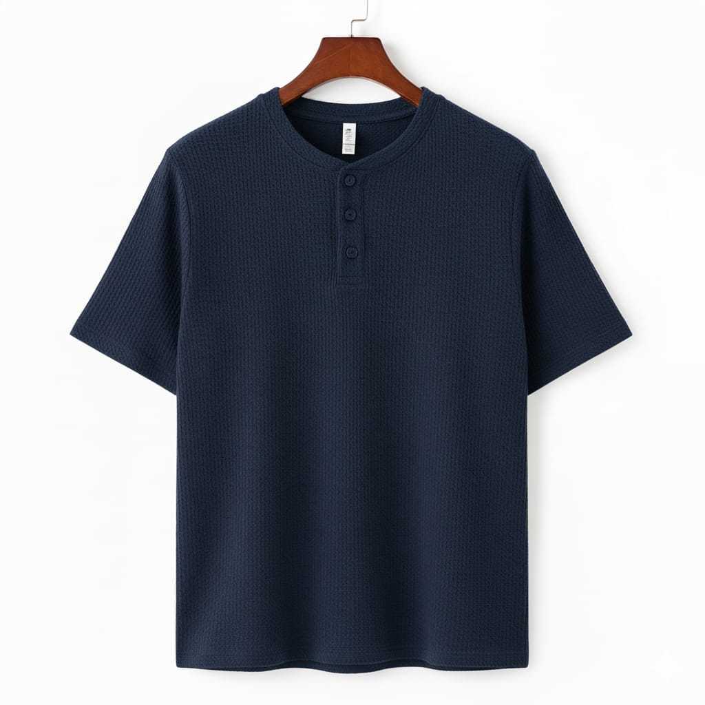 Kaos Henley Kancing 3 Knit Waffle Lengan Pendek | Tshirt Henley Waffle Lengan Pendek Pria