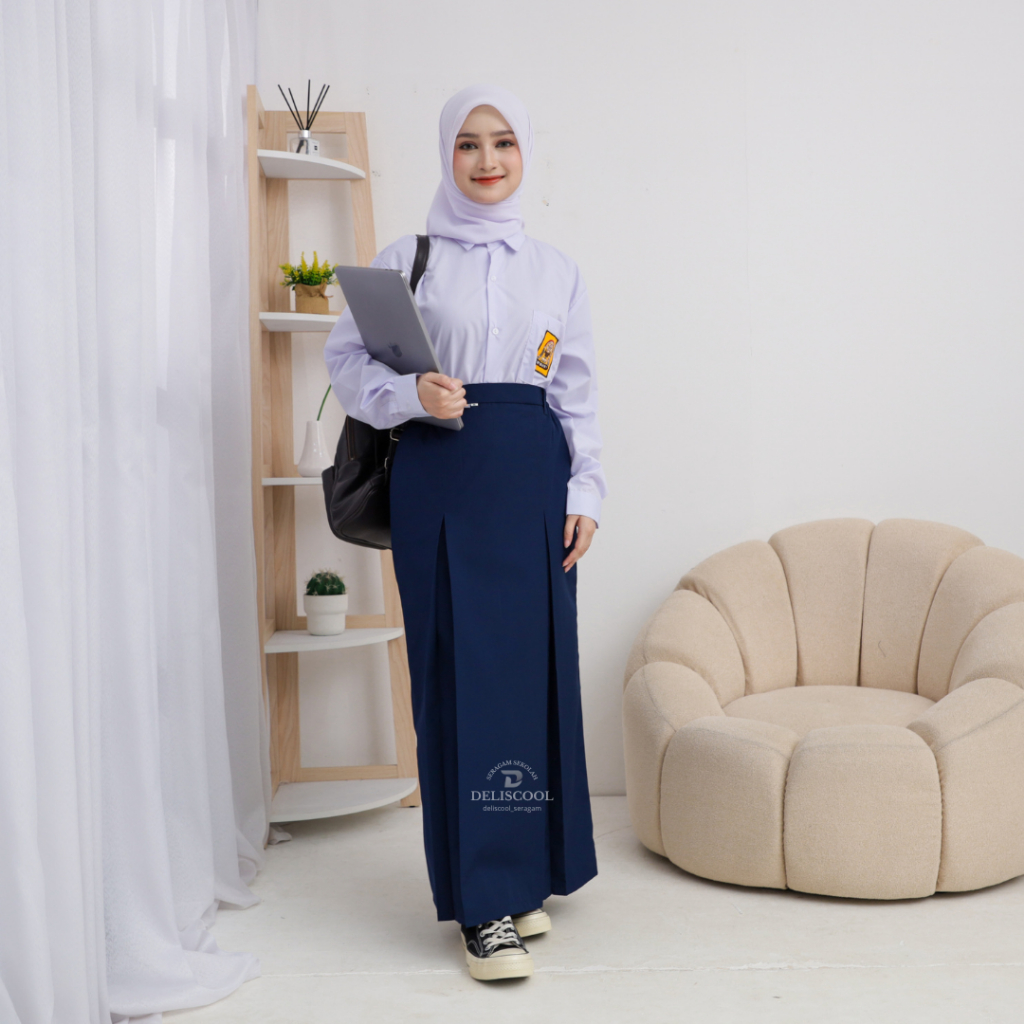 Deliscool Seragam SMP Rok Panjang Span Biru - Seragam Sekolah - Rok Span - Rok SMP